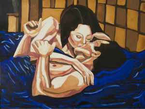 Summer_Lovin_Annika_Connor oil painting of couple kissing in bed