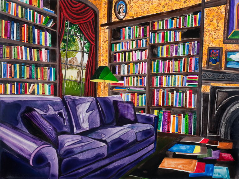 Oil painting of purple couch in library