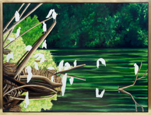 Harbingers oil painting of birds in green pond by Annika_Connor