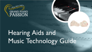 A piano with light falling across it and a pair of musicians earplugs, with a background of sheet music for the piano, with the Grand Piano Passion logo.