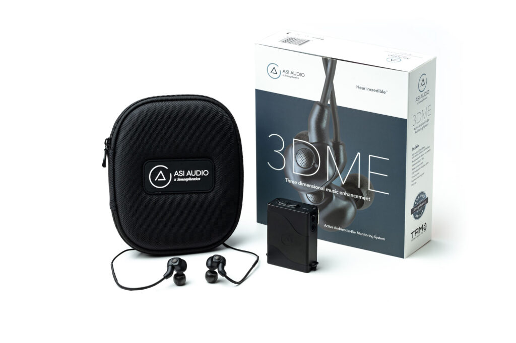 The components of the ASI Audio 3DME In-Ear Monitor system, including case, monitors, bodypack mixer, and packaging.