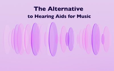 Abstract pink and purple shapes that look like sound waves, with caption: "The Alternative to Hearing Aids for Music."