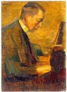 A painting of the composer Rachmaninoff at the piano, his head bowed towards the keys, the background a vivid gold.