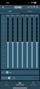 The equalizer screen in the Sensaphonics app, showing an adjustable bar for each of five frequency ranges, from 60Hz to 10KHz.